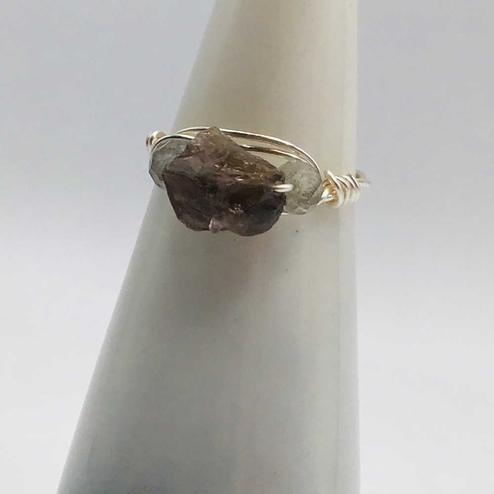 New Ring Natural Raw Smokey Quartz Labradorite Wire Wrapped Dainty Siz…